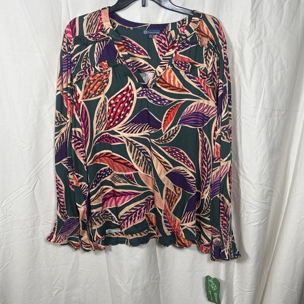 Democracy Womans ‎ Size 2X  Boho Floral Leaf Print Long Sleeve Peasant Top NWT